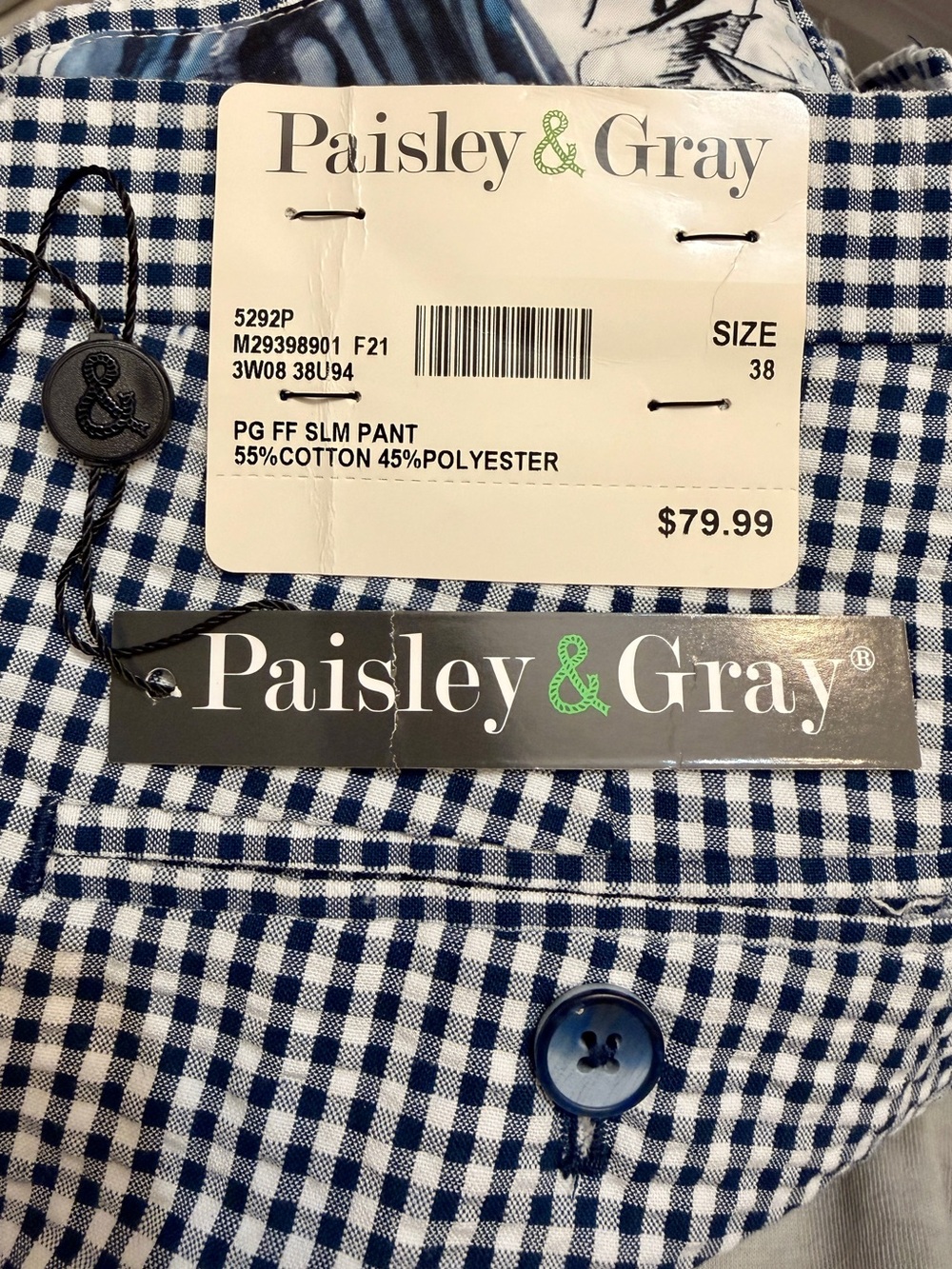 NWT Paisley & Gray Blue Gingham Pants | Men’s Slim Fit 38/32